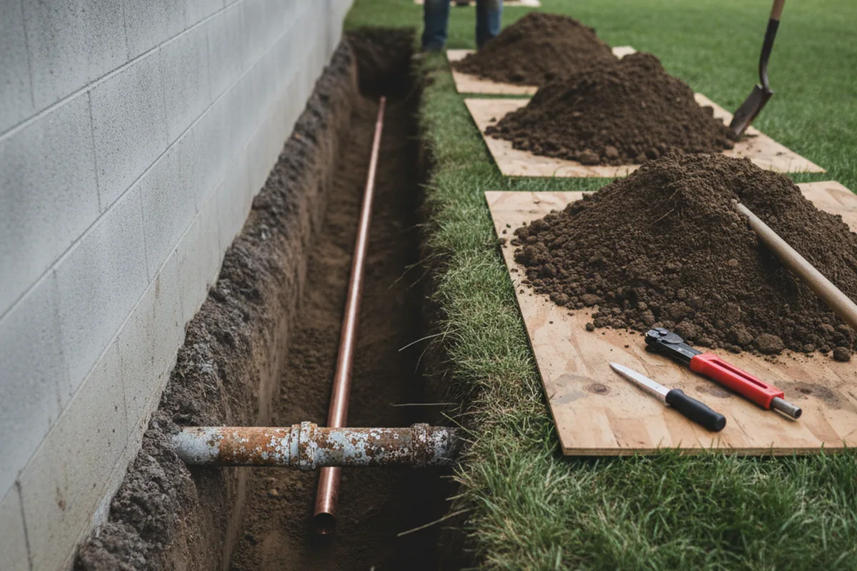 Excavated water line trench during Water Softener Installation in Athol